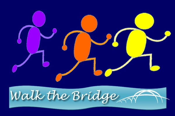 Graphic of 3 illustrated people walking. Walk the Peace Bridge