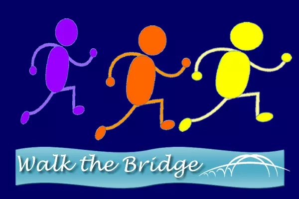 Graphic of 3 illustrated people walking. Walk the Peace Bridge